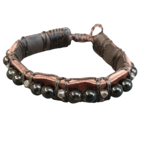 BRACELET CUIR ET OBSIDIENNE DOREE