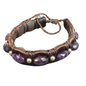 BRACELET CUIR ET AMÉTHYSTE FACETTES FUSEAU