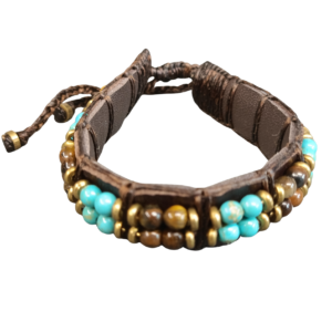 BRACELET CUIR ET HOWLITE TEINTÉE  ET ŒIL DE TIGRE